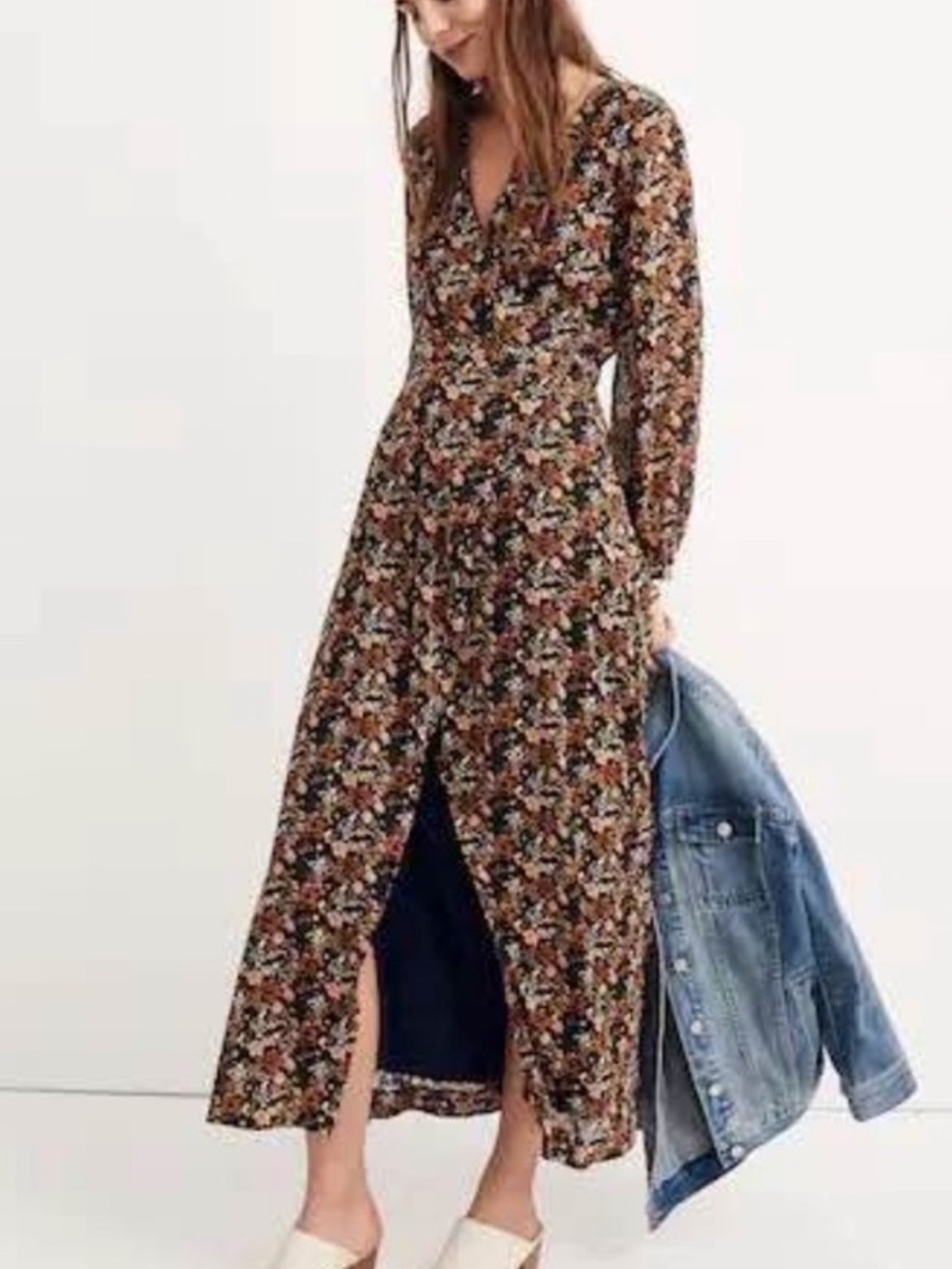 Madewell Black Floral V‑Neck Long Sleeve Maxi Dress